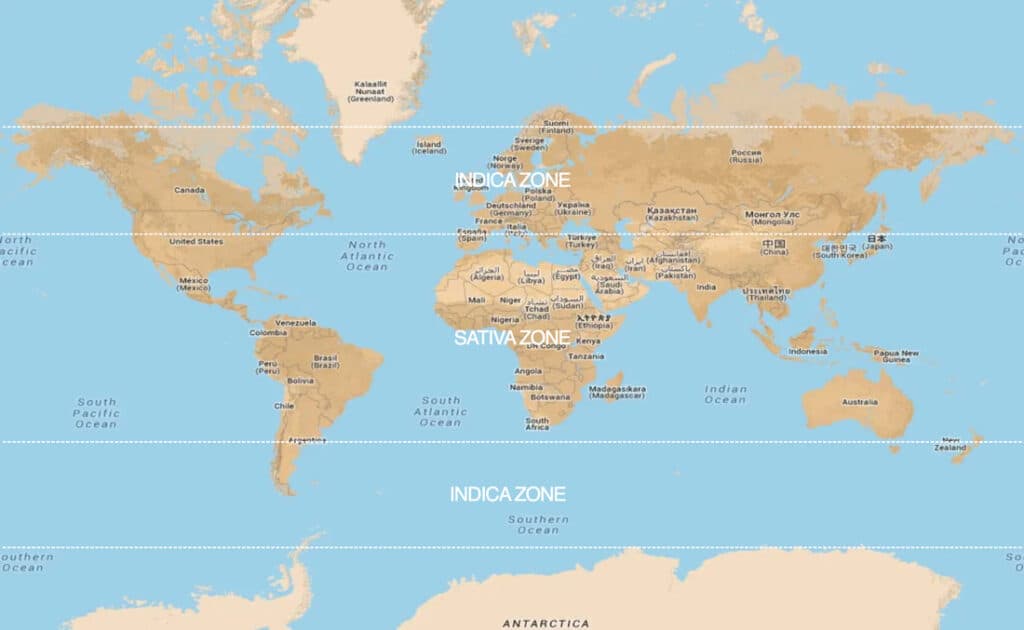 World map showing cannabis growing climate zones