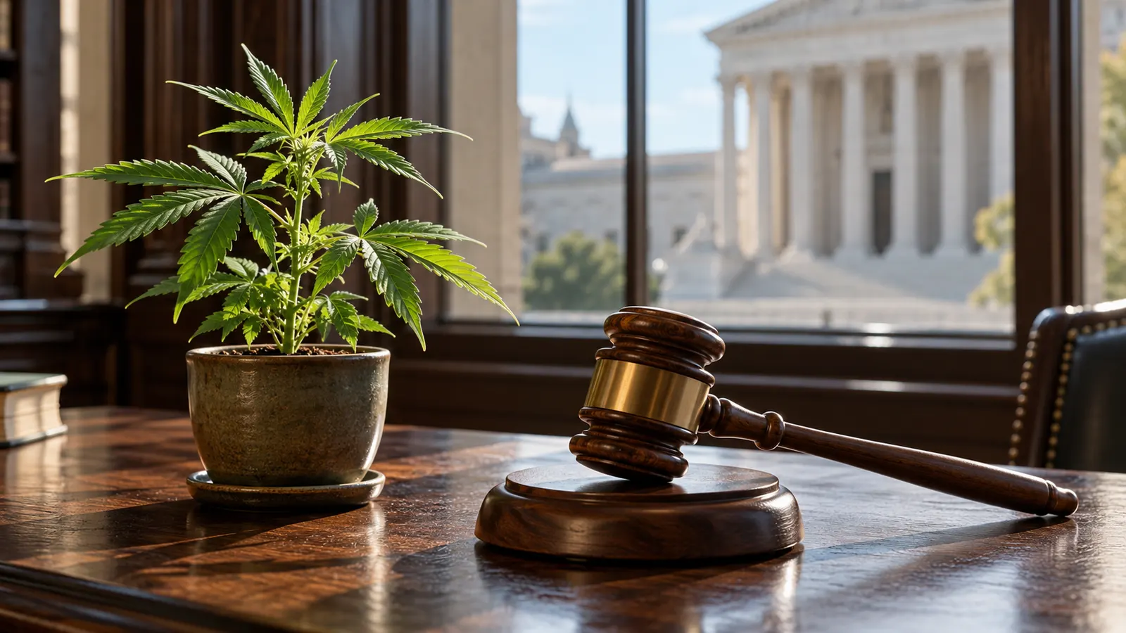 A small cannabis plant stands beside a wooden gavel on a desk.