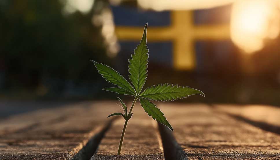 Nahaufnahme eines Cannabisblattes über der schwedischen Flagge, das die Frage darstellt, ob Gras in Schweden legal ist
