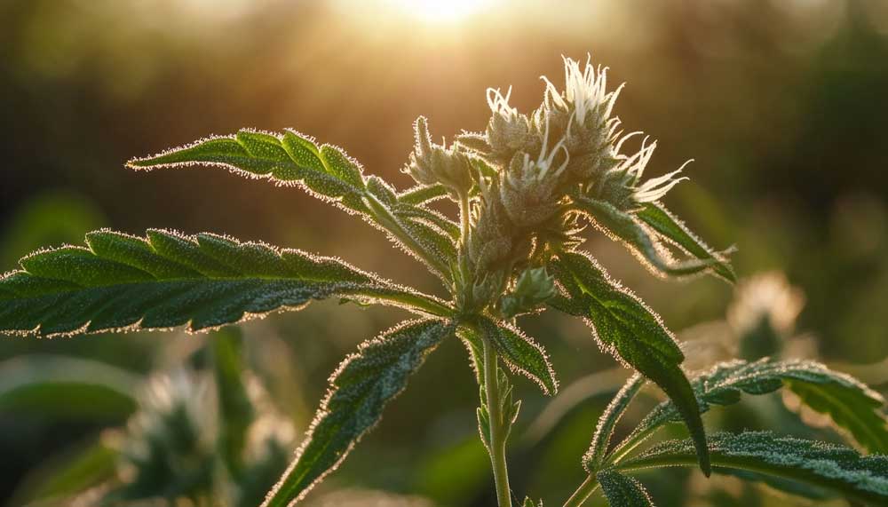 Pre-Flowering Stage - Cannabis Grow Timeline Female cannabis plant showing white pistils at the node during pre-flowering.