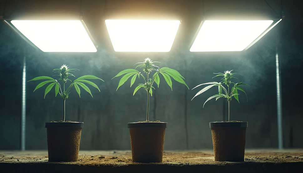 Trois plants de cannabis à autofloraison poussant dans des pots de 2, 5 et 7 gallons en intérieur, montrant la taille des plantes à autofloraison dans différentes tailles de contenants.