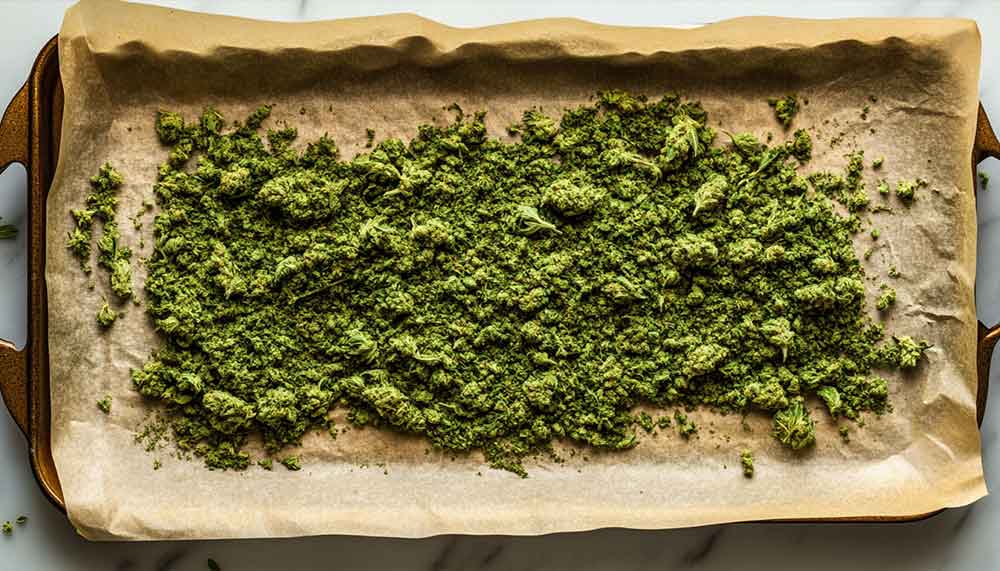 Mise à plat des ingrédients du space cake sur un comptoir en bois rustique, notamment de la farine, du beurre, du lait, du sucre, des œufs, des pépites de chocolat, de la levure chimique et un pot de cannabis moulu.