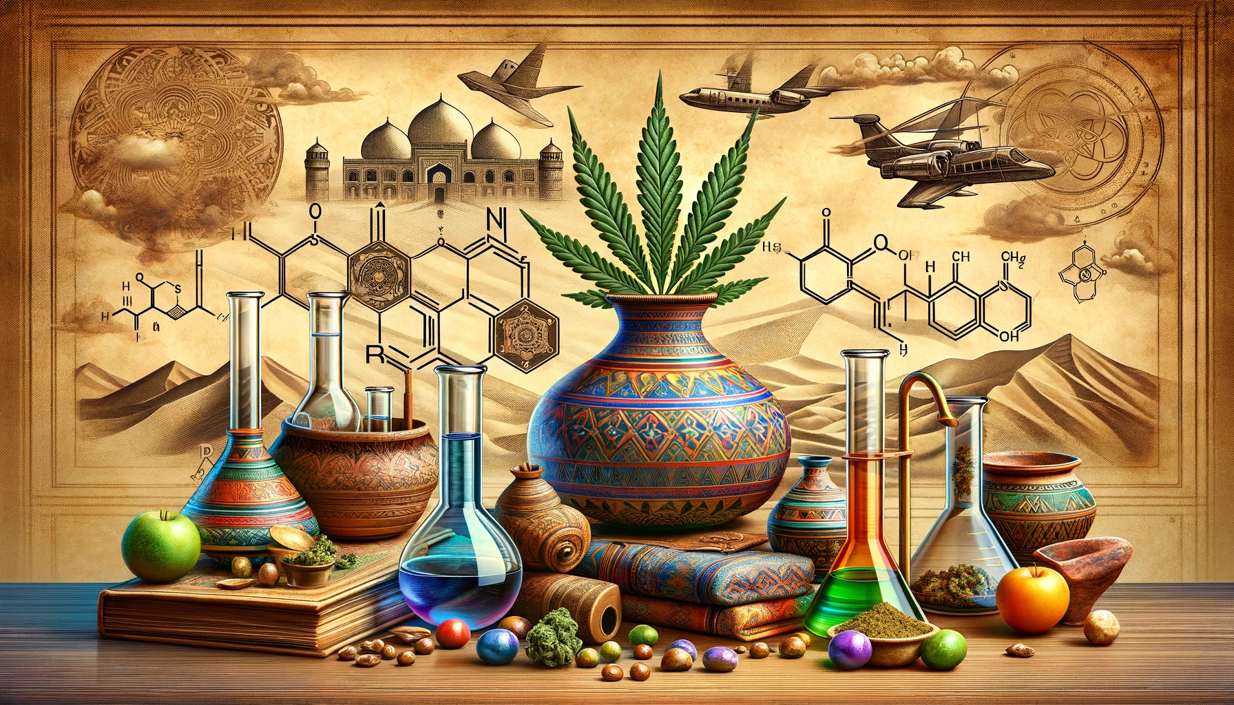 DALL E 2024 03 26 11.01.16 Create an image that visually represents the article s content on hashish focusing on its traditional and scientific aspects. The image should includ