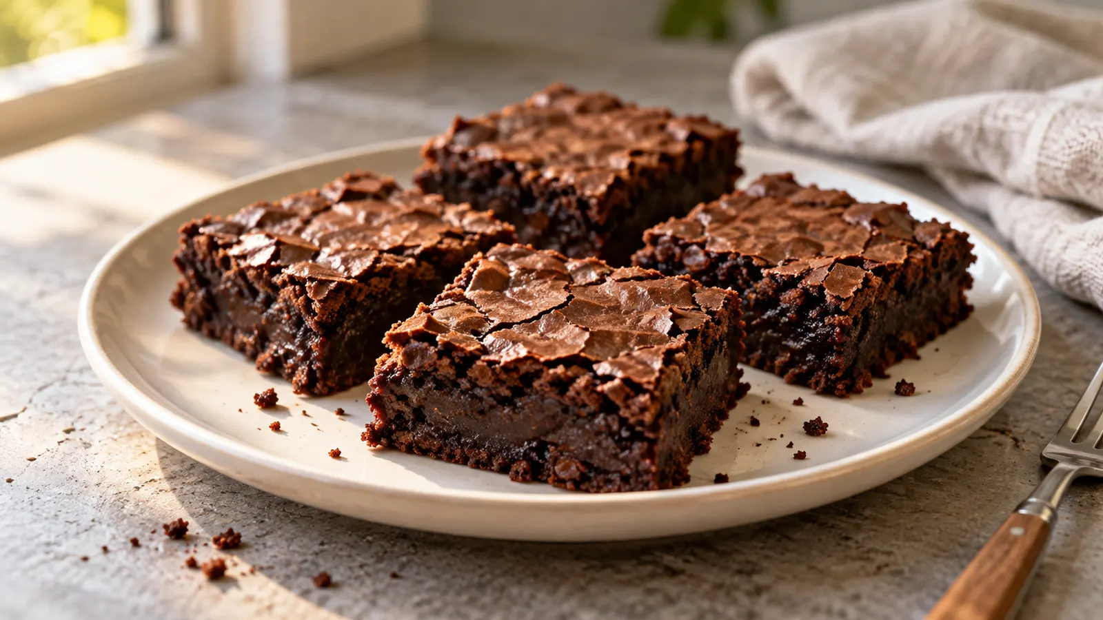 Čtverečky čokoládového brownie s popraskaným povrchem leží na talíři barvy slonoviny.