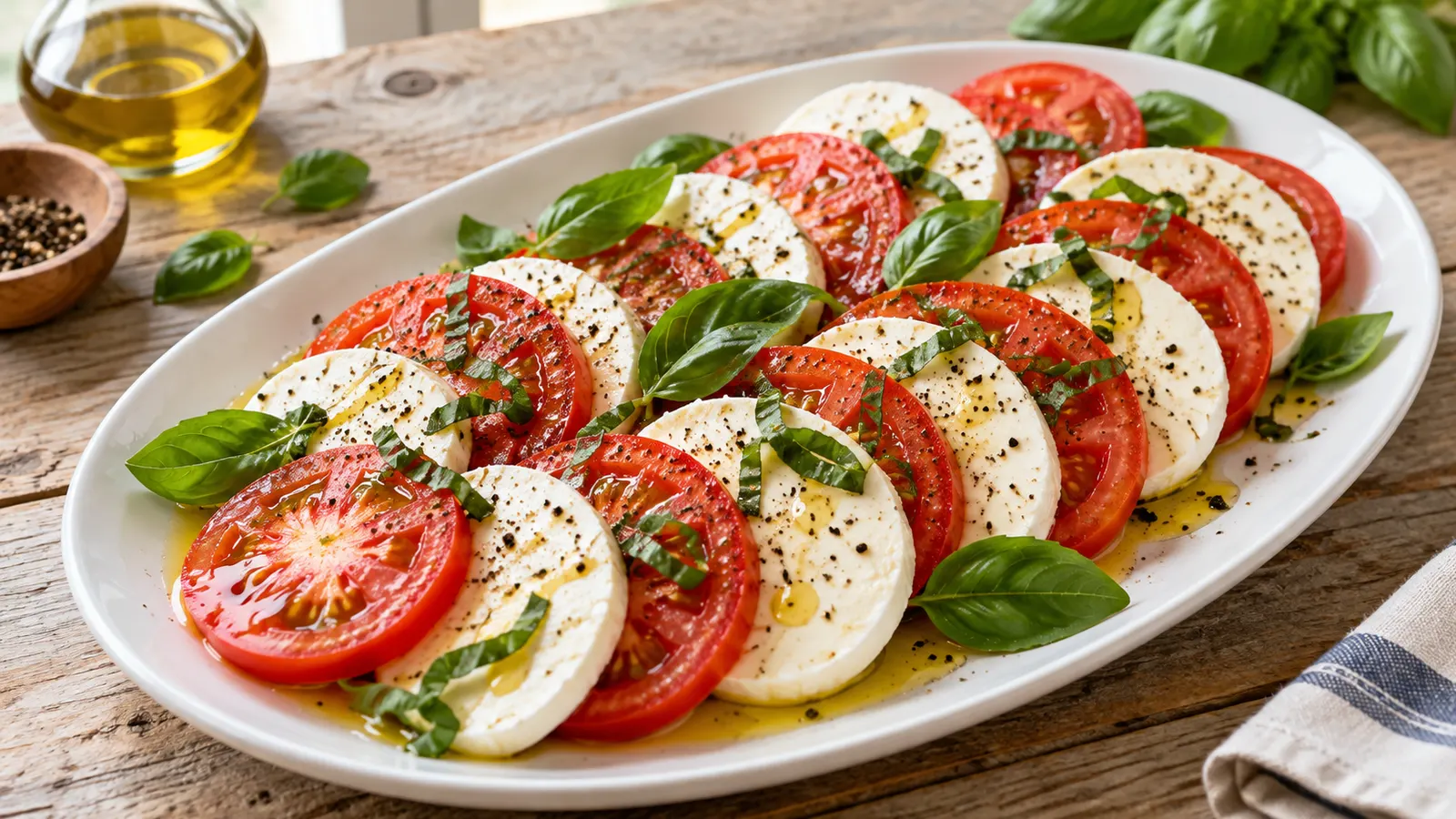 Rajčata, mozzarella a bazalka tvoří salát caprese pokapaný zlatavým olejem.