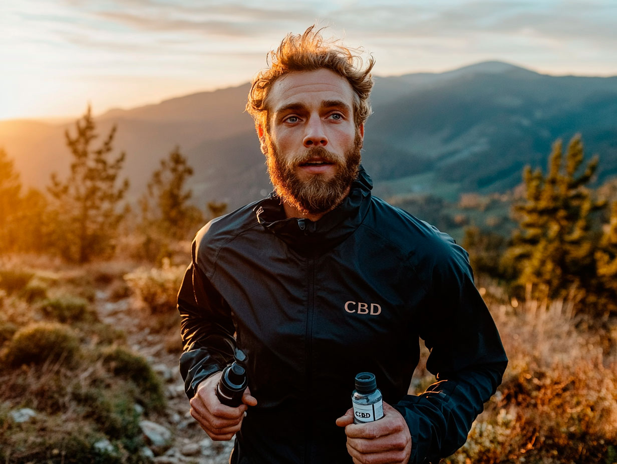 Cannabis sport performance Athlete stretching on a trailhead bench after an ultra-run, holding a small CBD tincture bottle, illustrating cannabis sport performance for pain management and recovery.