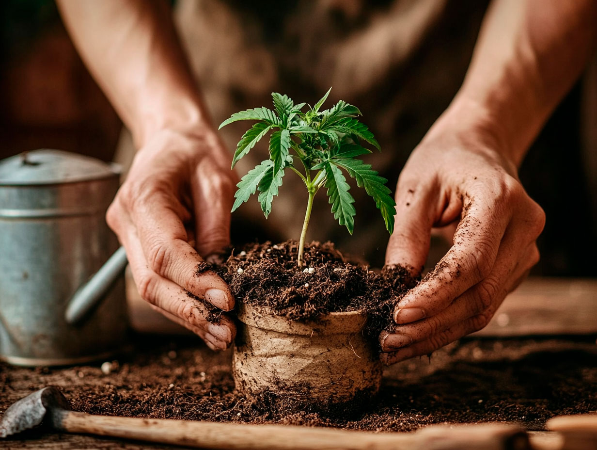 Transplanting Cannabis: 5 Powerful Tips for Transplants Close-up of hands holding a cannabis seedling’s root ball being prepared for transplanting cannabis into a larger pot with rich soil.