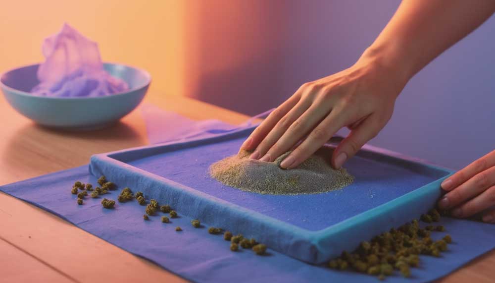 Découvrez comment le hasch est fabriqué à l'aide de la technique de tamisage à sec : un maillage fin sépare les trichomes des têtes de cannabis selon cette méthode traditionnelle et sans solvant.