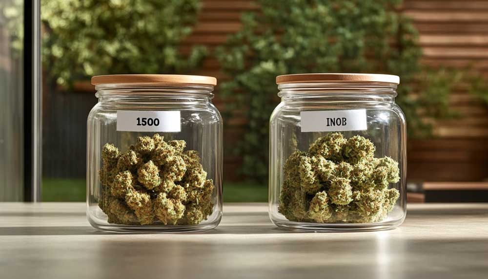 Image côte à côte de têtes de cannabis cultivées en intérieur ou en extérieur avec des étiquettes de prix estimées.