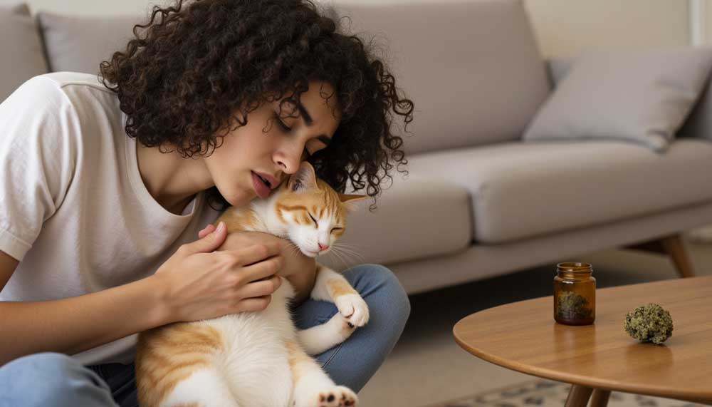 Une image émotionnelle et informative montrant un chat exposé au cannabis, sensibilisant aux effets de l’herbe sur les animaux de compagnie et à l’importance d’un stockage sûr.