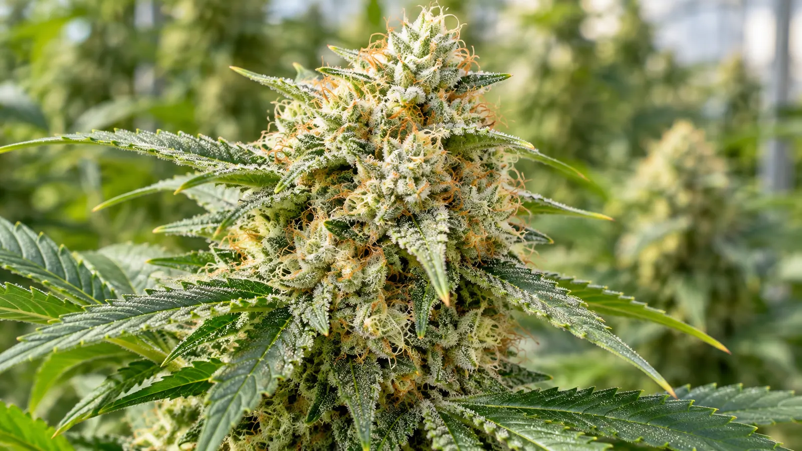 Een ijzige cannabisbloem toont bleke harstrichomen, oranje stampers en groene gekartelde bladeren.