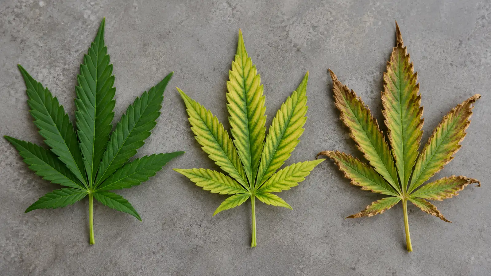 Green, yellowing, and brown-tipped cannabis leaves lie side by side on a gray surface.