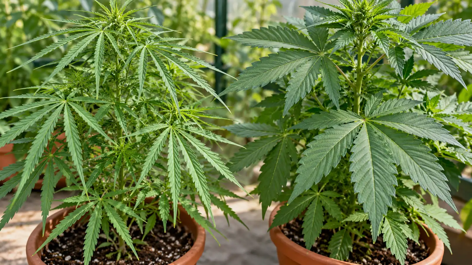 Two potted cannabis plants display narrow and broad fan leaflets in soft greenhouse light.