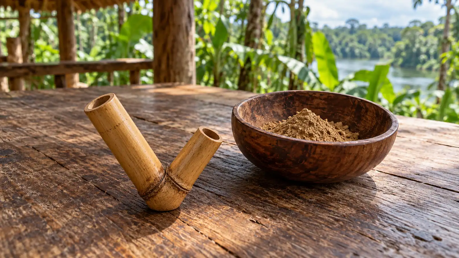 A plain bamboo kuripe rests beside a wooden bowl of tobacco powder.
