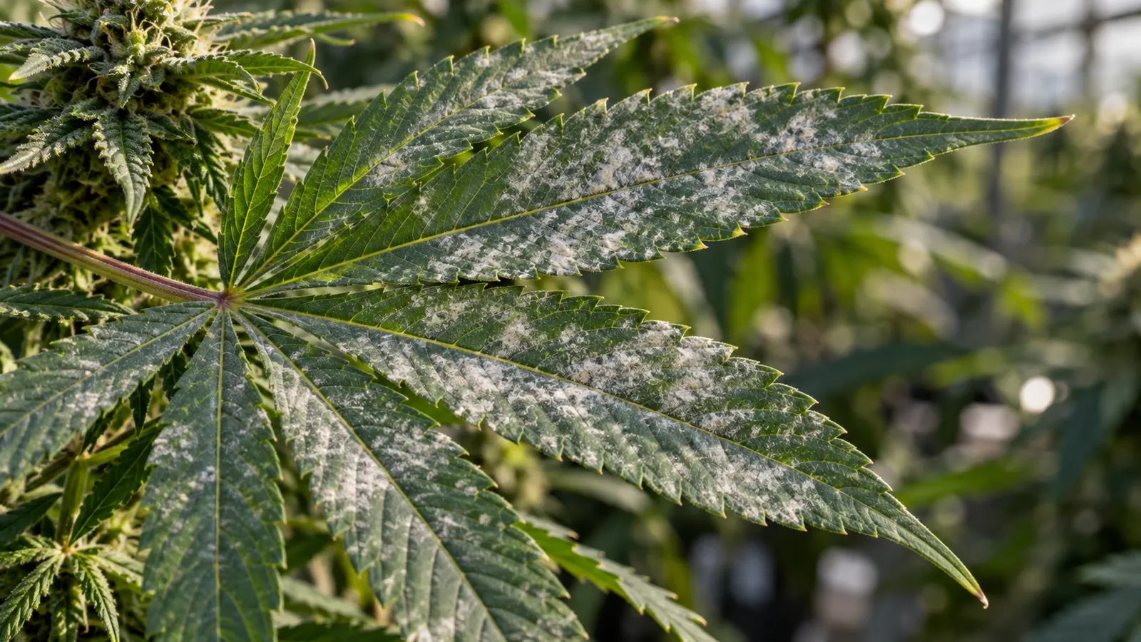 Hvide, pudderagtige pletter dækker dele af et grønt cannabisblad.