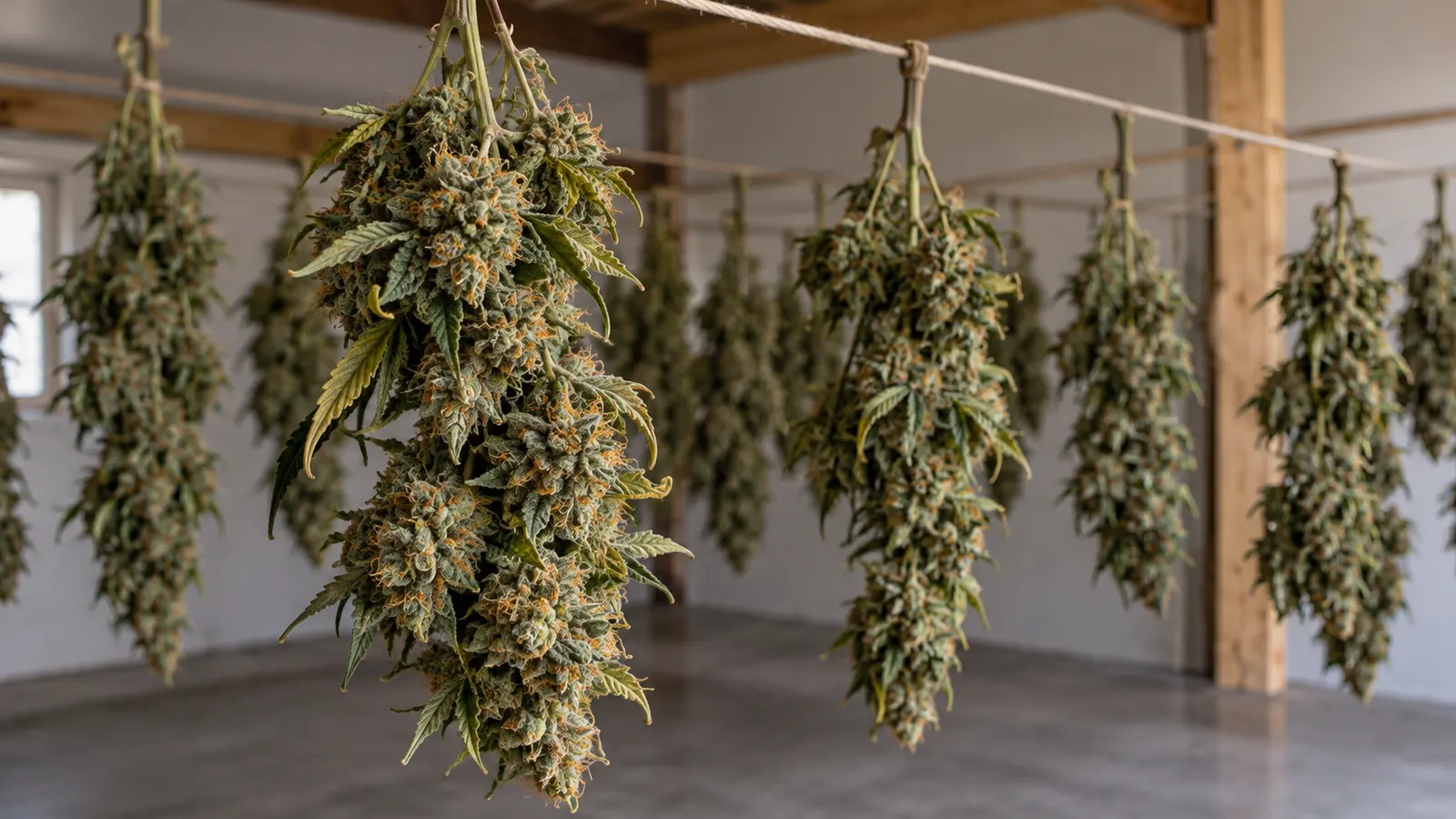 Cannabisgrene hænger på hovedet fra snore i et tørrerum.