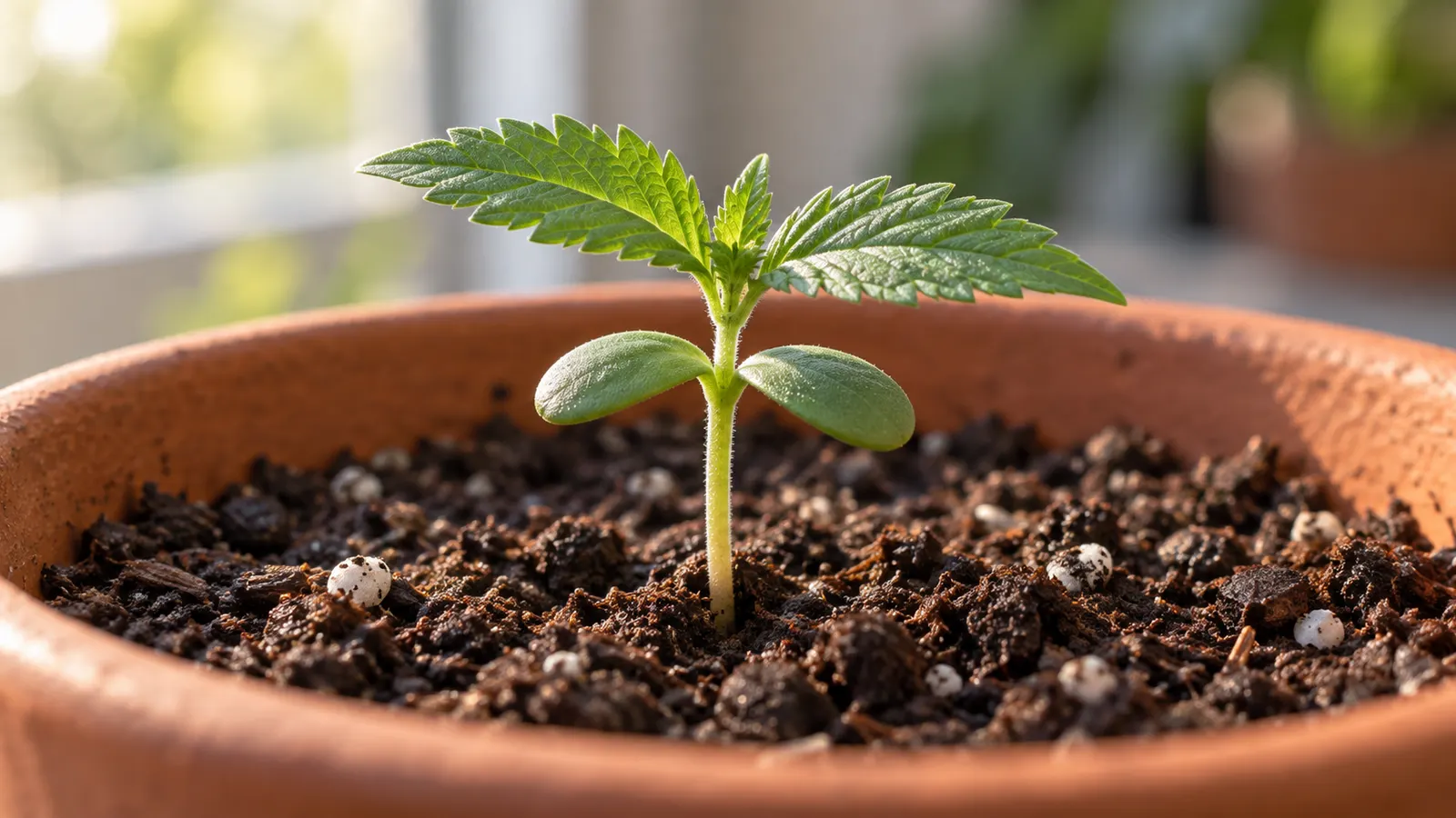 A young cannabis seedling shows rounded cotyledons and its first serrated leaves.