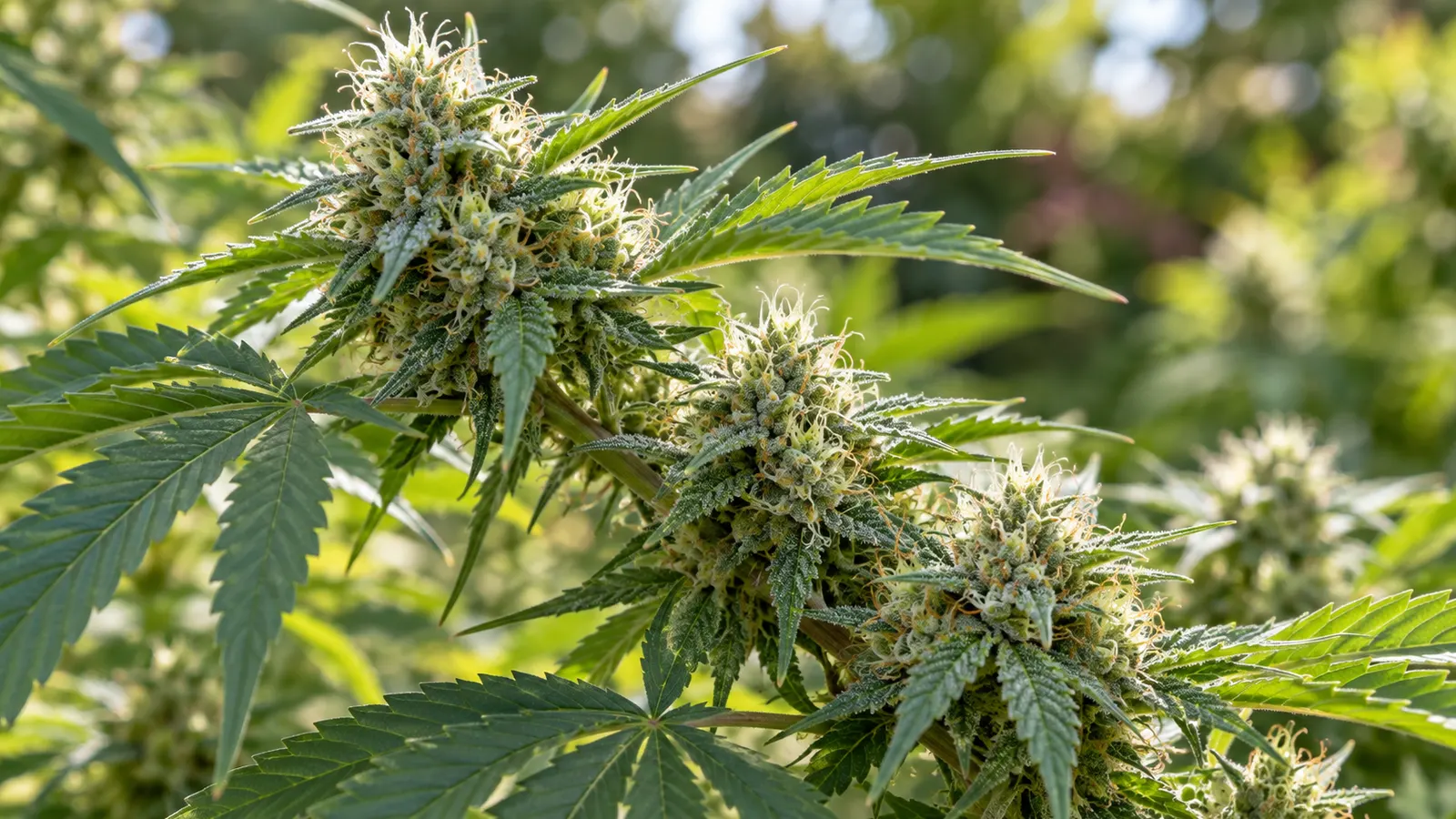 Pale pistils emerge from developing cannabis flowers among serrated green leaves.