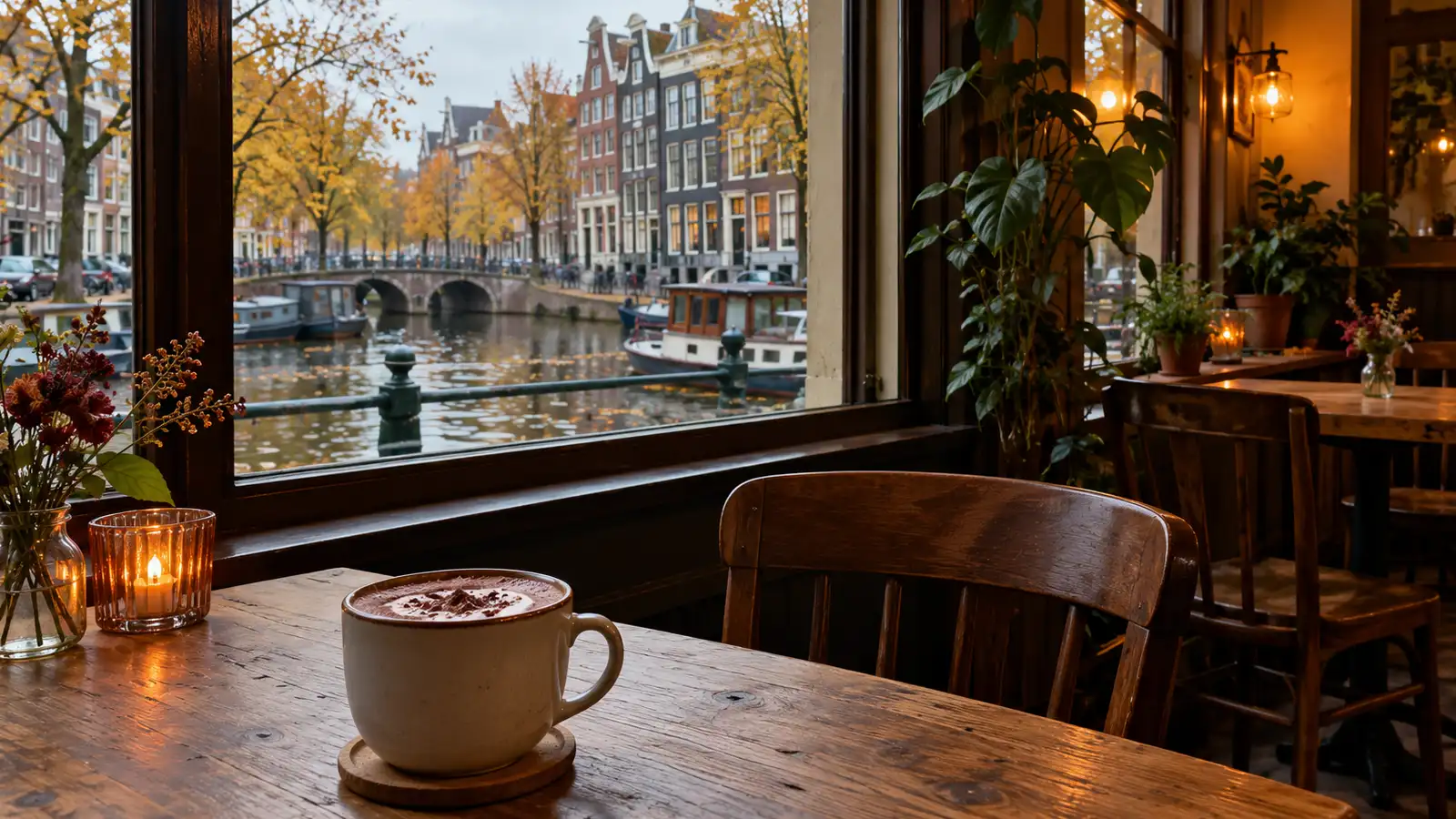 A cup of cocoa sits in a quiet coffeeshop overlooking an Amsterdam canal in autumn.