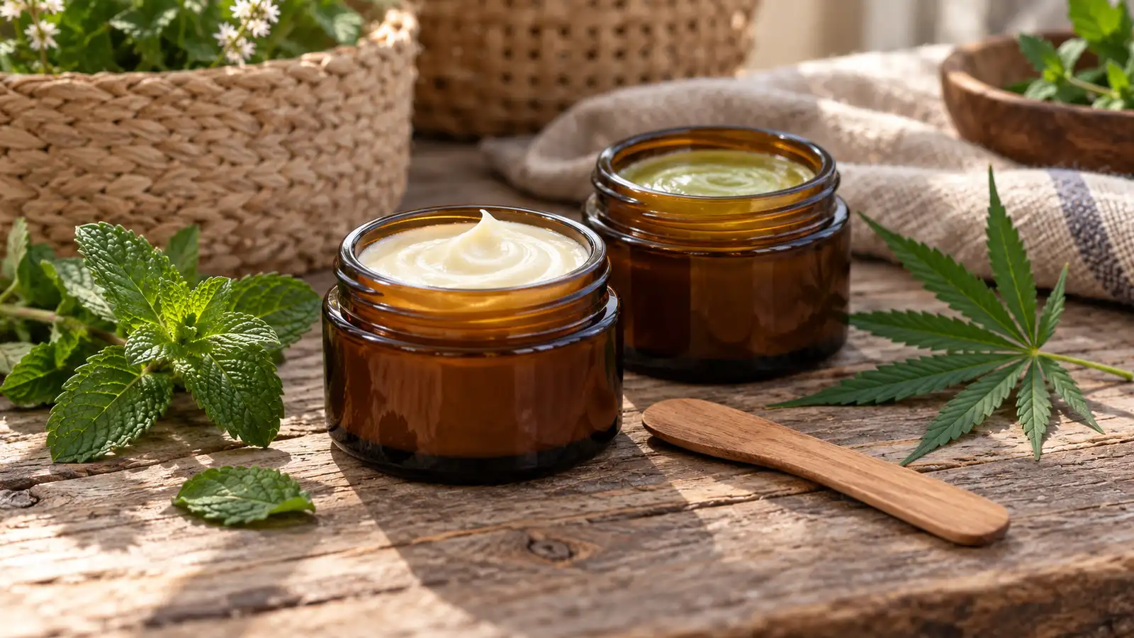 Open amber jars of pale cream and green salve sit beside mint and a cannabis leaf.