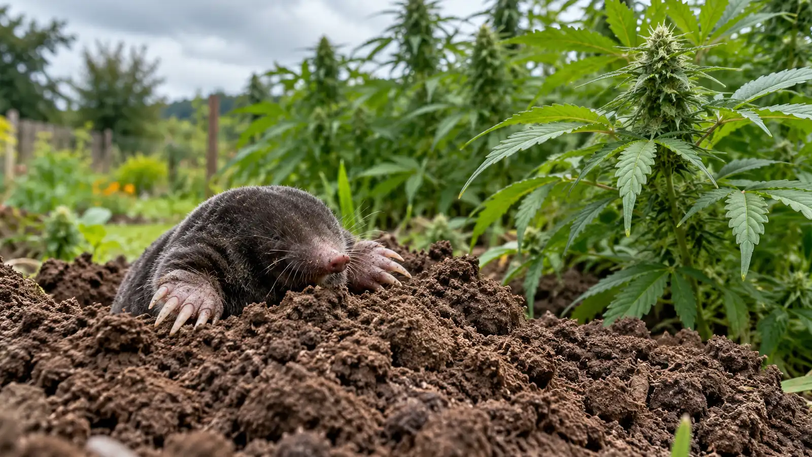 A mole emerges from a mound of fresh soil beside a cannabis garden bed.