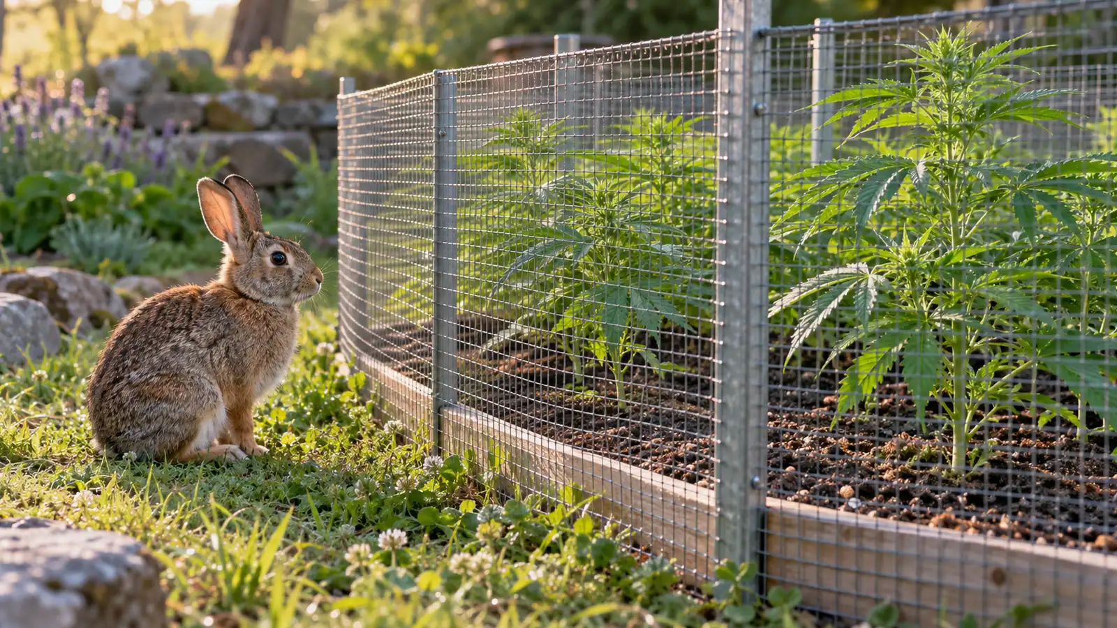 A brown rabbit sits outside a wire mesh fence protecting young cannabis plants.