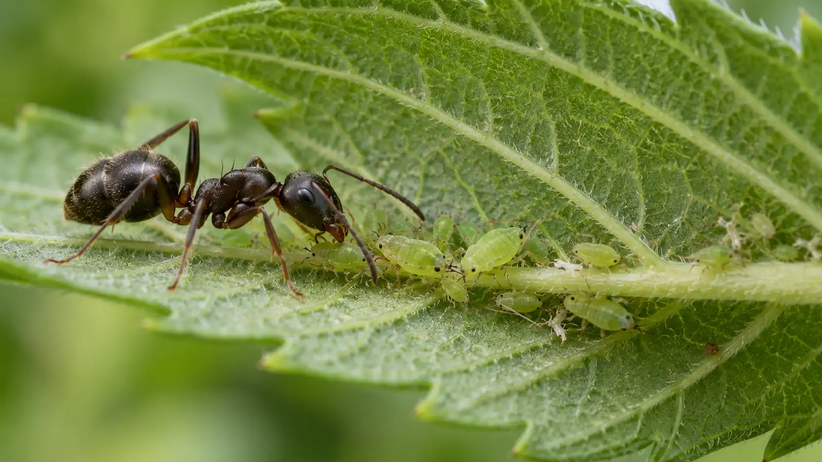 A black ant tends a cluster of pale green aphids on the underside of a cannabis leaf.
