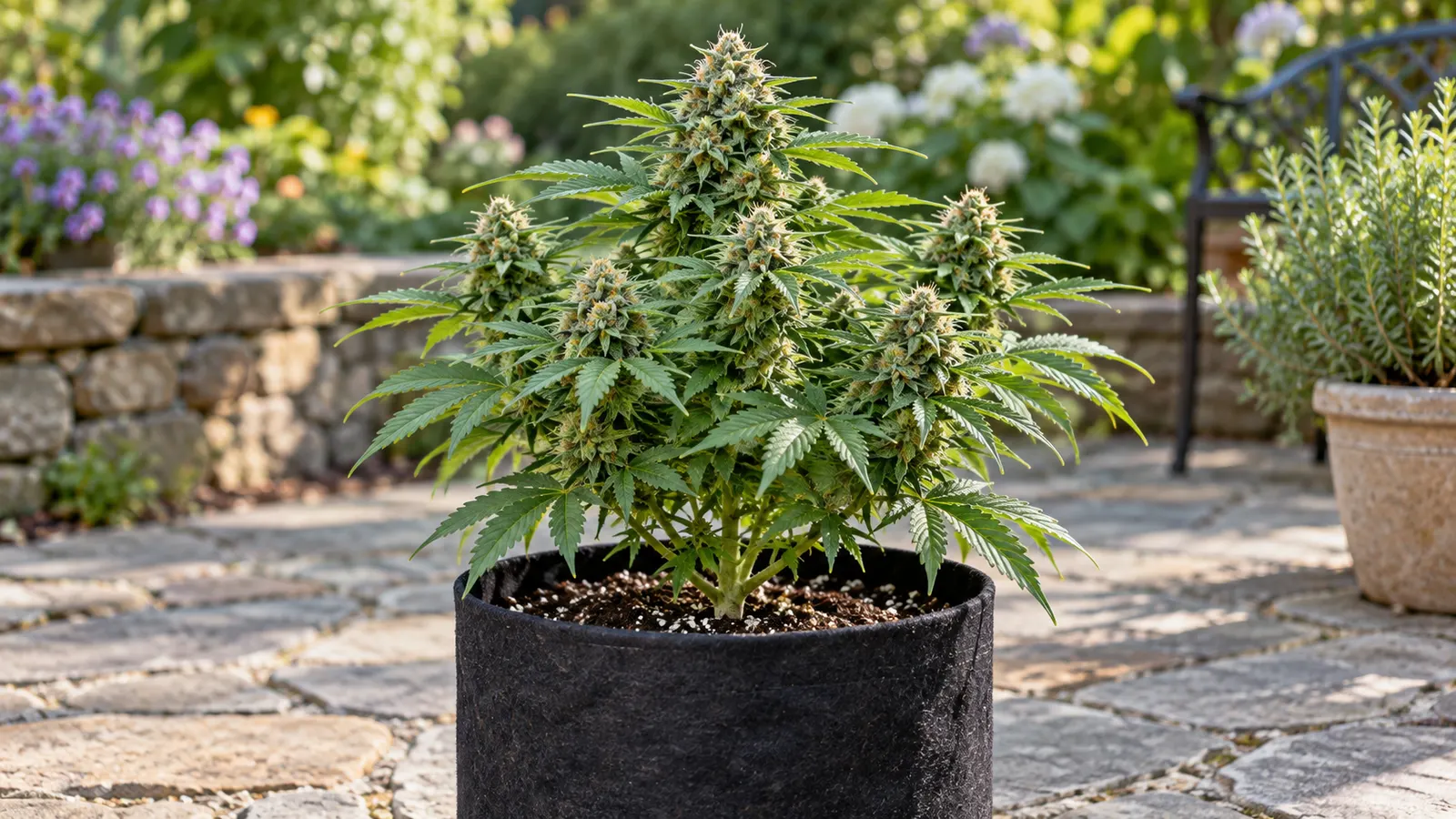 Una pianta di cannabis compatta in fioritura in un vaso di tessuto su un patio soleggiato.