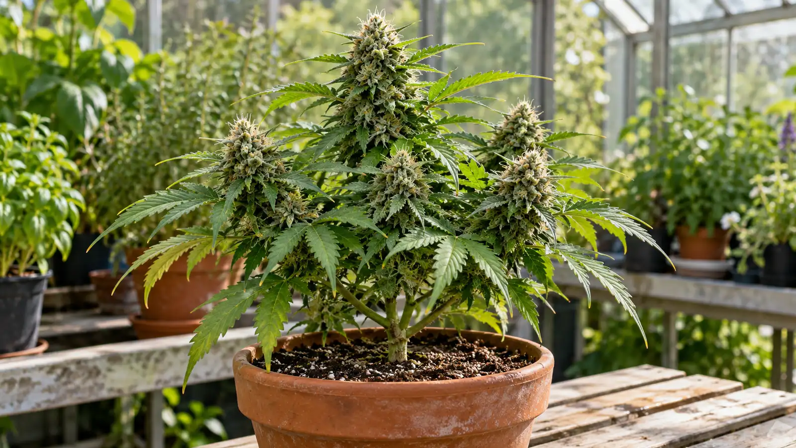 A compact flowering cannabis plant grows in a terracotta pot on a sunlit greenhouse bench.