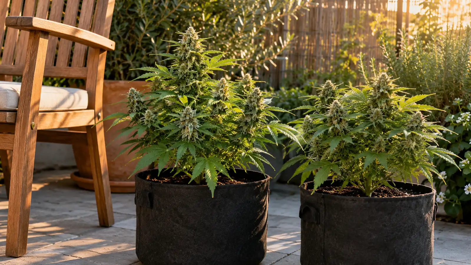 Two compact cannabis plants in fabric pots stand beside a wooden chair on a sheltered terrace.