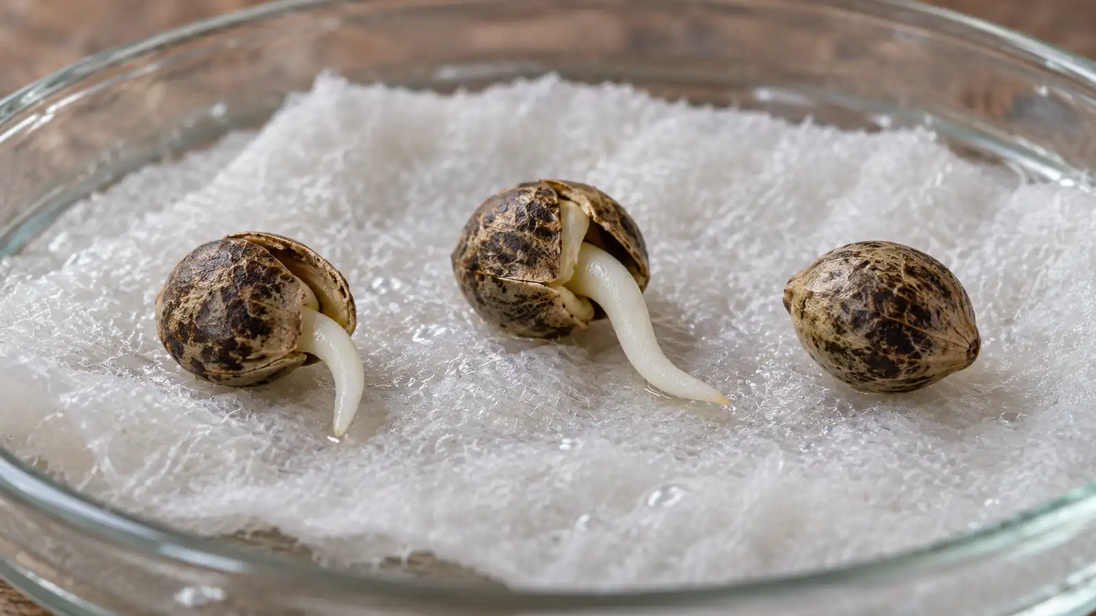 Cannabis seeds with short white root tips rest on a moist paper towel.