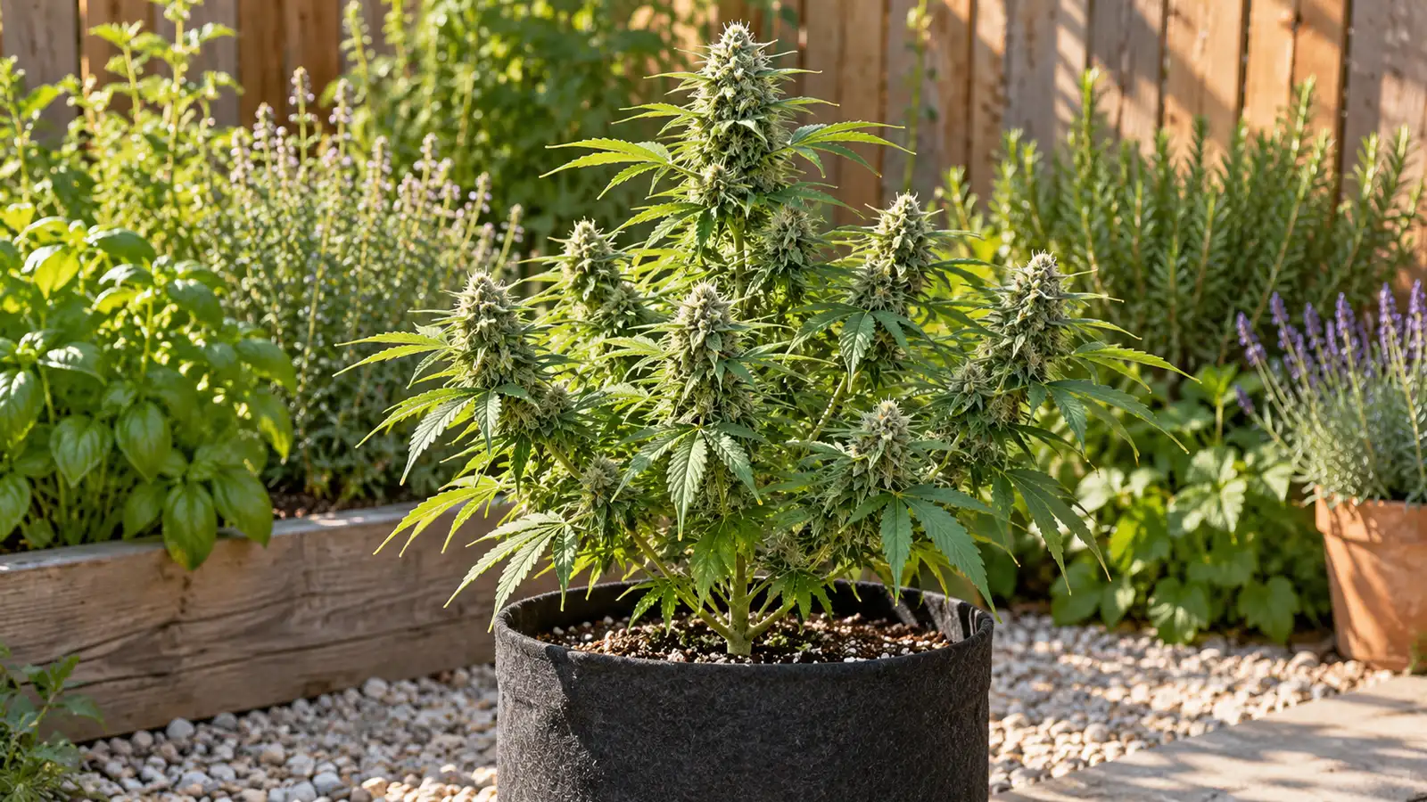 A compact flowering cannabis plant grows in a fabric pot in a sunny garden.