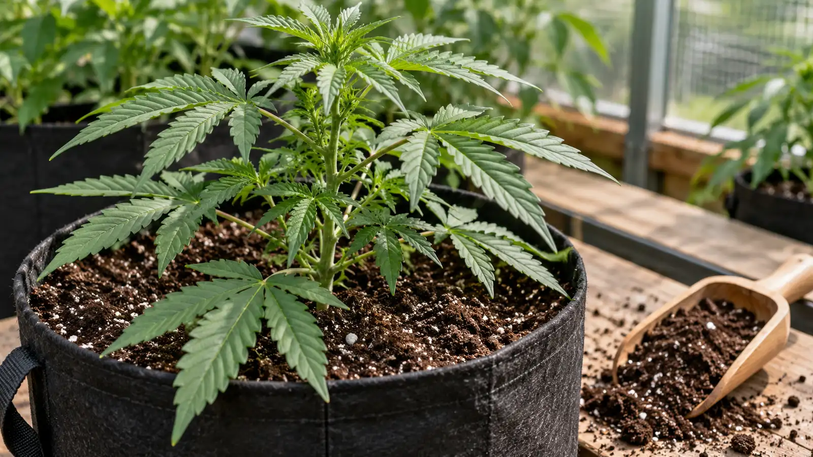 A young cannabis plant grows in dark potting soil in a fabric pot beside a wooden soil scoop.