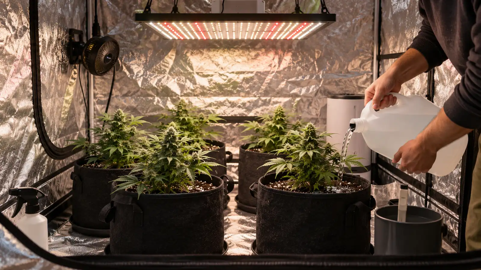 Autoflowering cannabis plants under a full-spectrum LED grow light in a grow tent