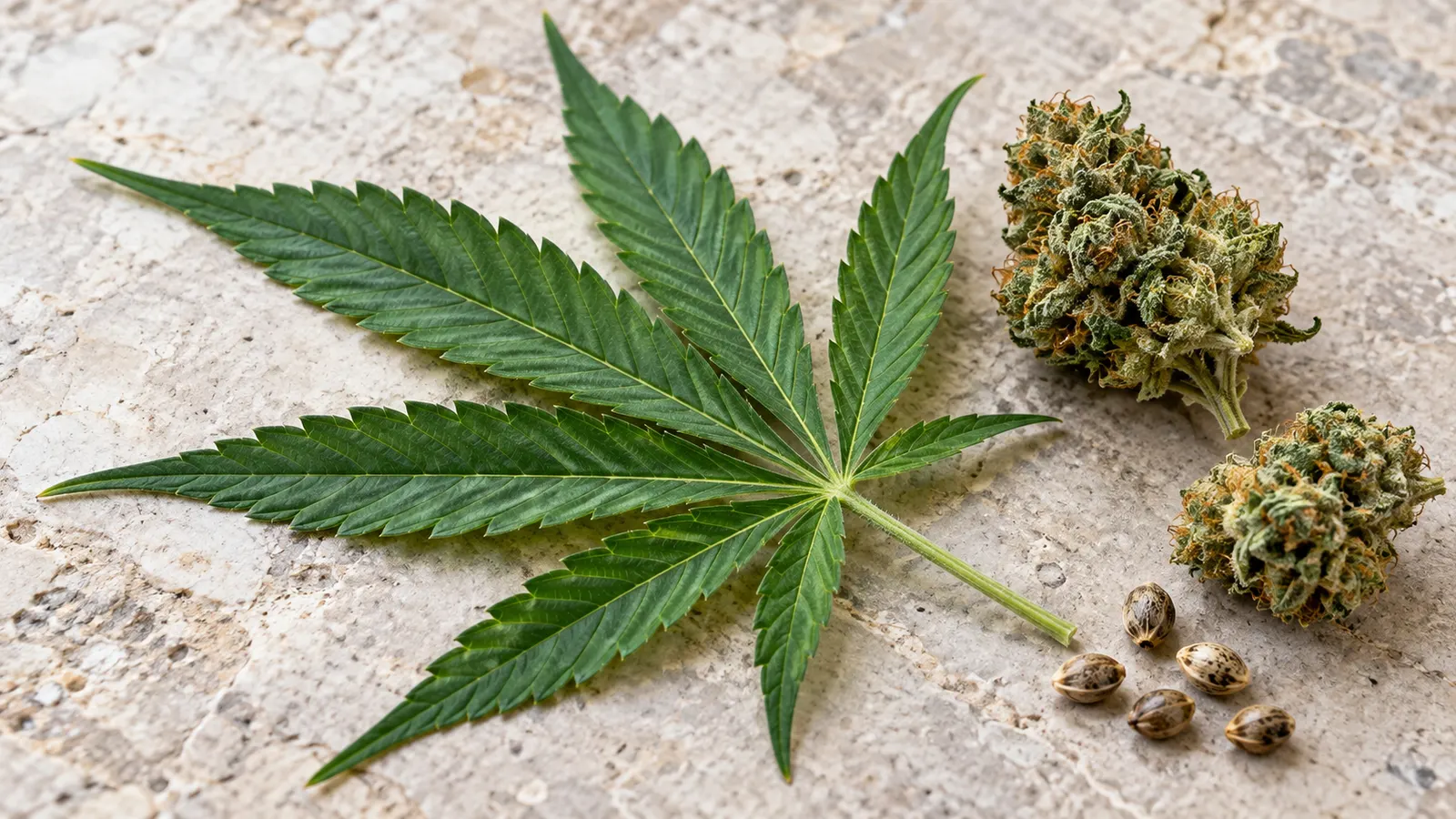 Una foglia di cannabis, cime di fiori essiccati, uno stelo e semi su una superficie di pietra chiara.