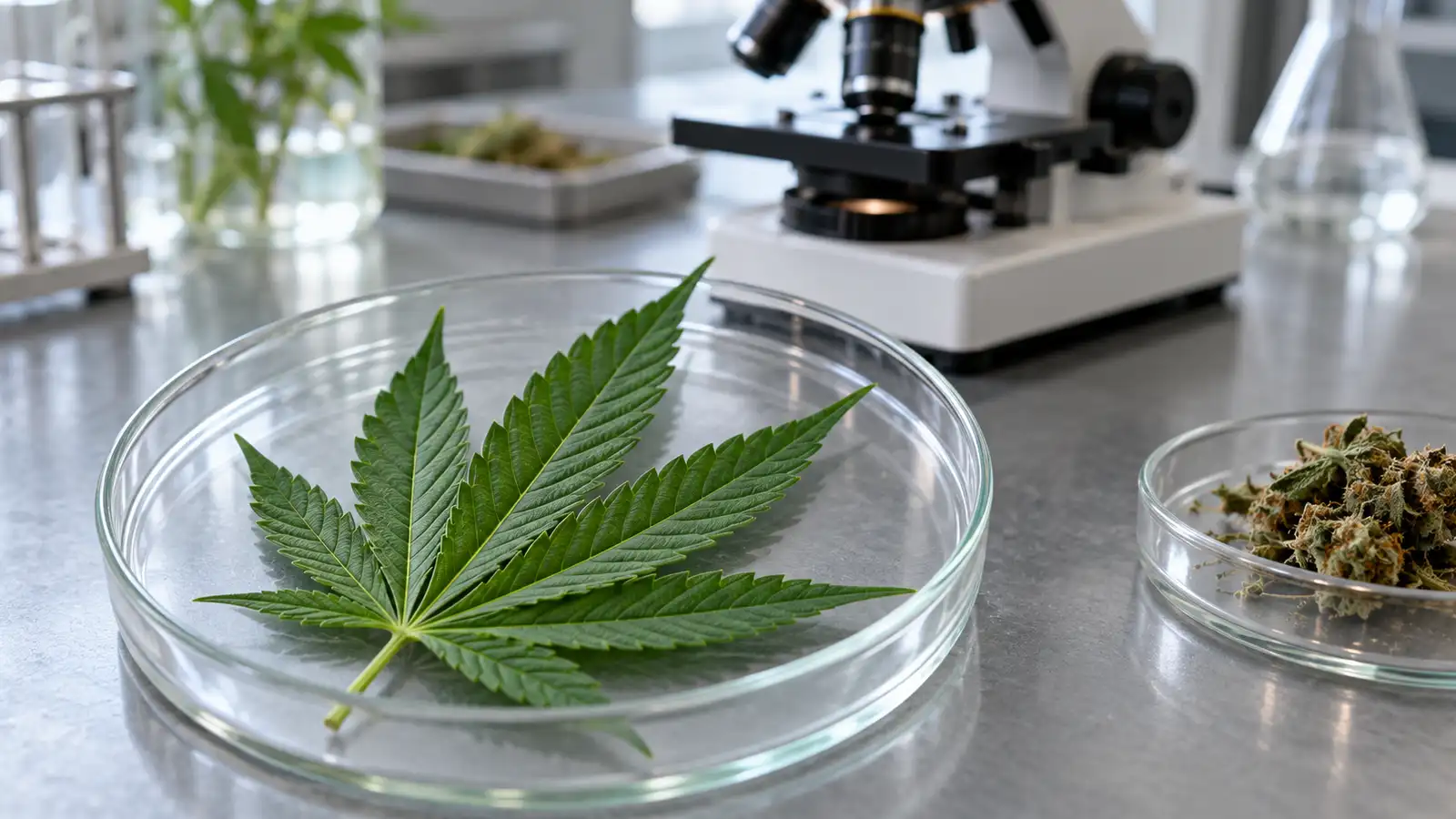 A cannabis leaf and flower sample rest in glass dishes beside a microscope on a laboratory bench.
