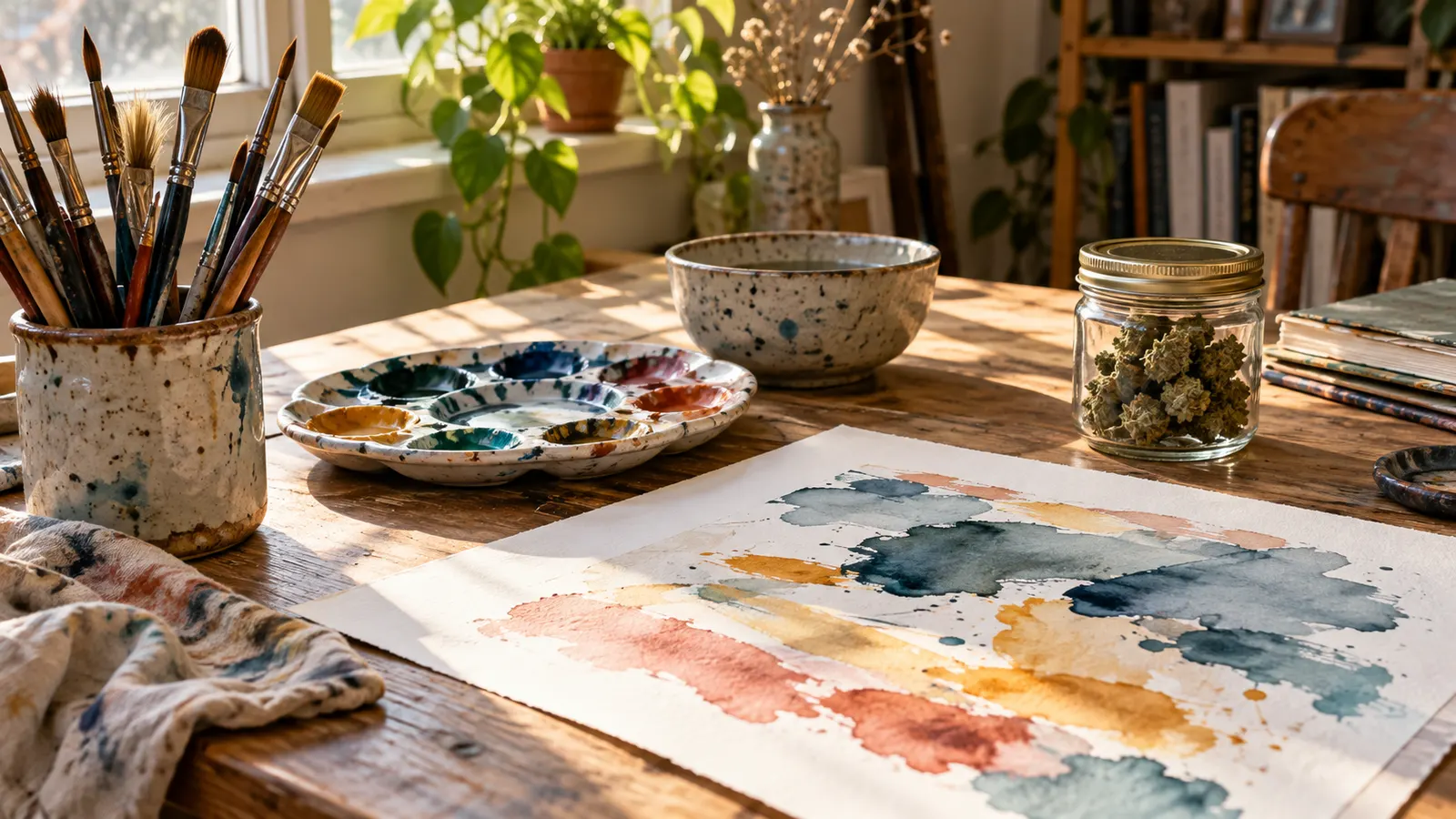 Pensler og et abstrakt akvarelmaleri ligger på et atelierbord sammen med et lukket glas med cannabis.