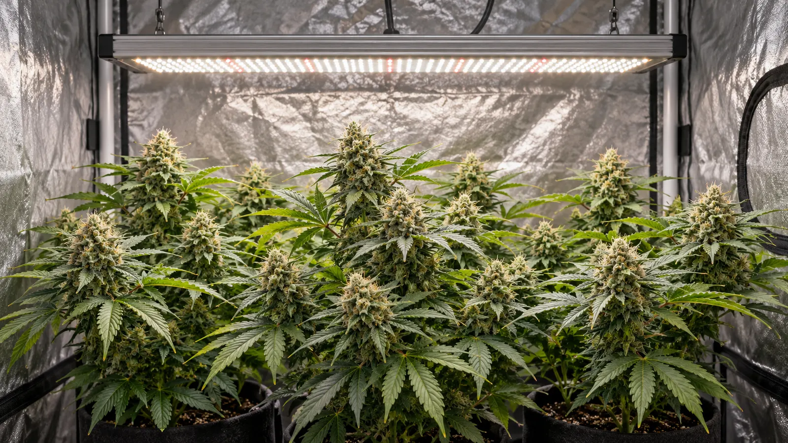 Kompakta blommande cannabisplantor växer under en vit LED-armatur i ett reflekterande tält.