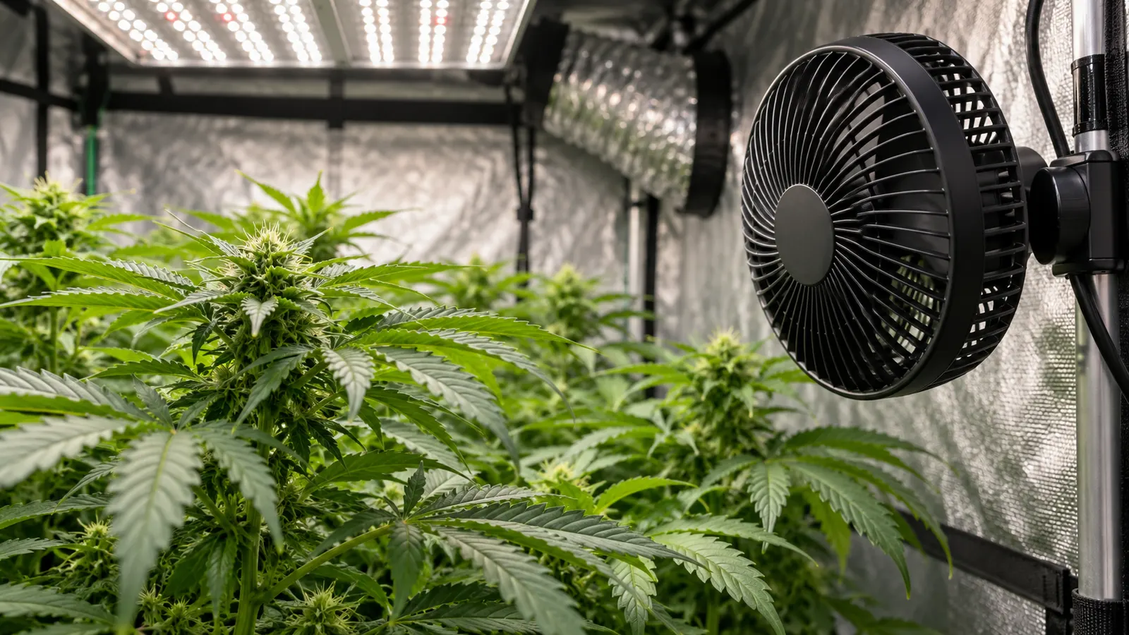 En liten klämfläkt cirkulerar luft bredvid cannabisbladverket under en inomhusväxtlampa.