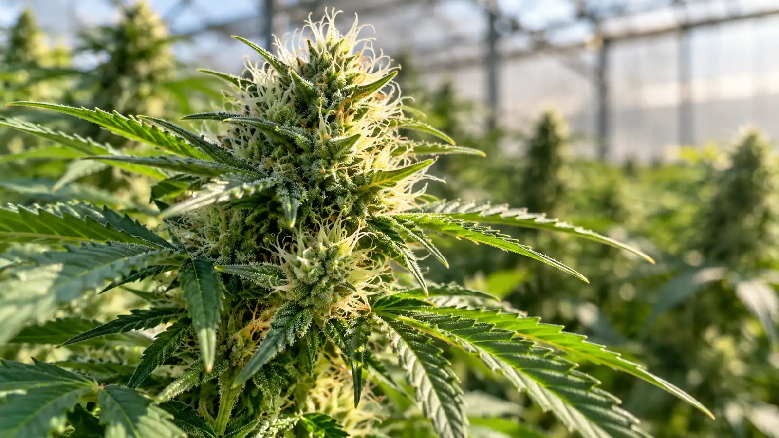 White pistils emerge from a female cannabis flower among green serrated leaves.