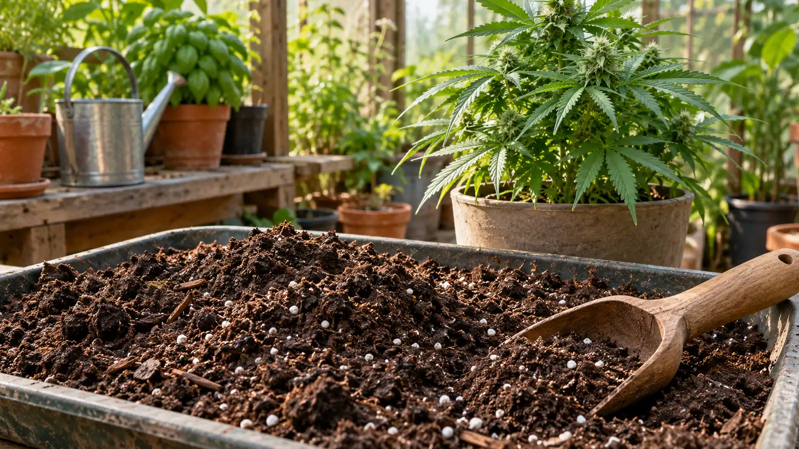 Rich organic potting soil and a wooden scoop sit on a bench beside a potted cannabis plant.