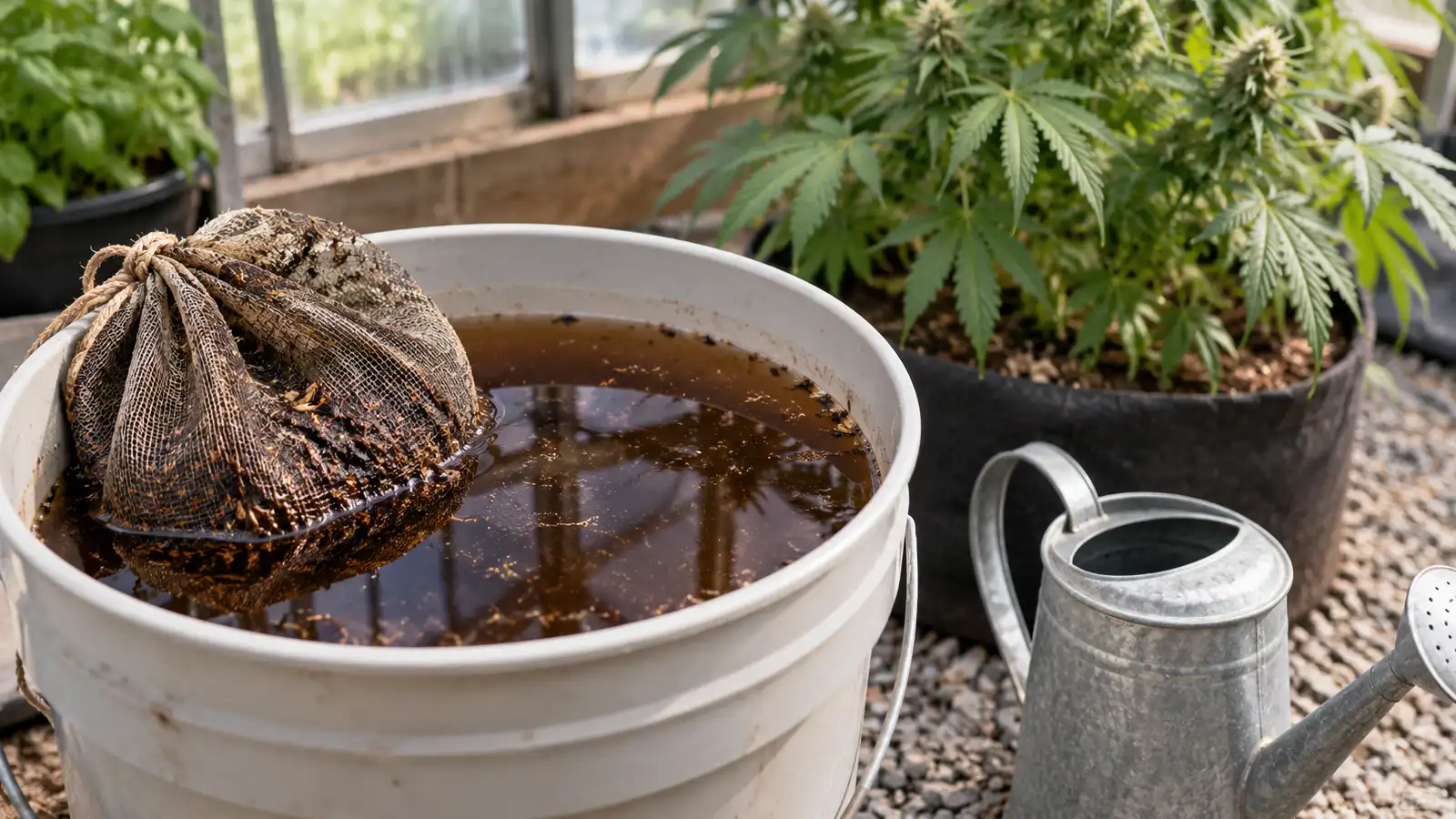A bucket of compost tea and a mesh compost bag sit beside a watering can in a greenhouse.