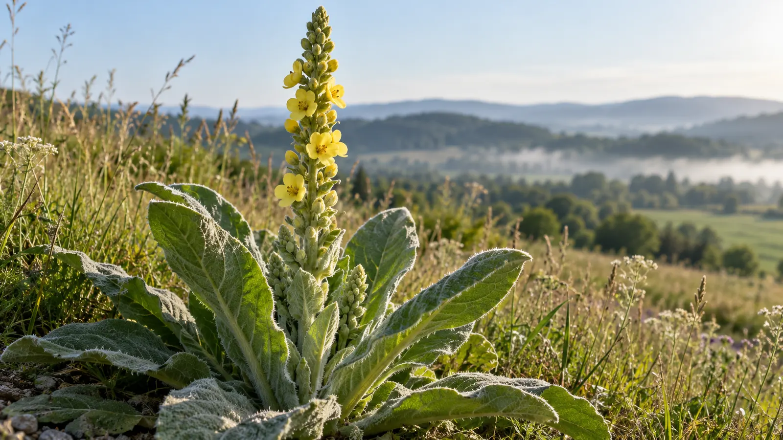 A mullein plant has fuzzy gray-green leaves and a tall spike of yellow flowers.