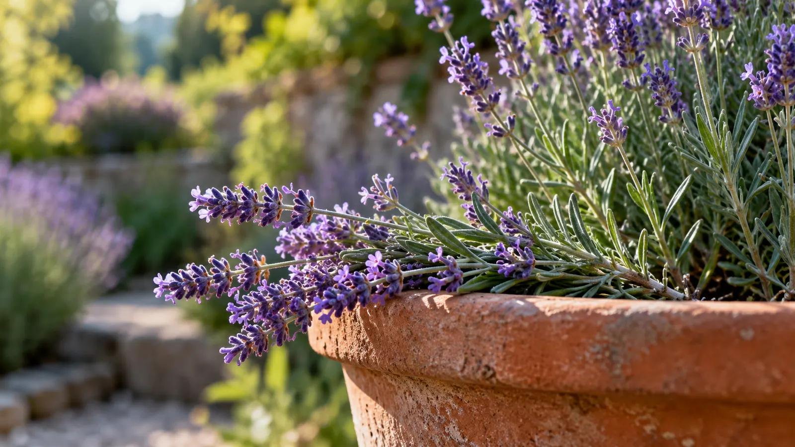 Purple lavender flowers and narrow gray-green leaves catch soft sunlight in a garden.