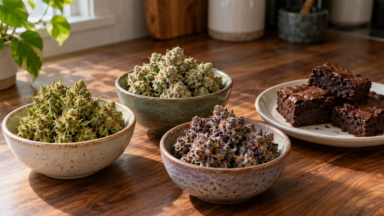 Dried cannabis flowers in ceramic dishes next to chocolate brownies on a wooden kitchen counter.