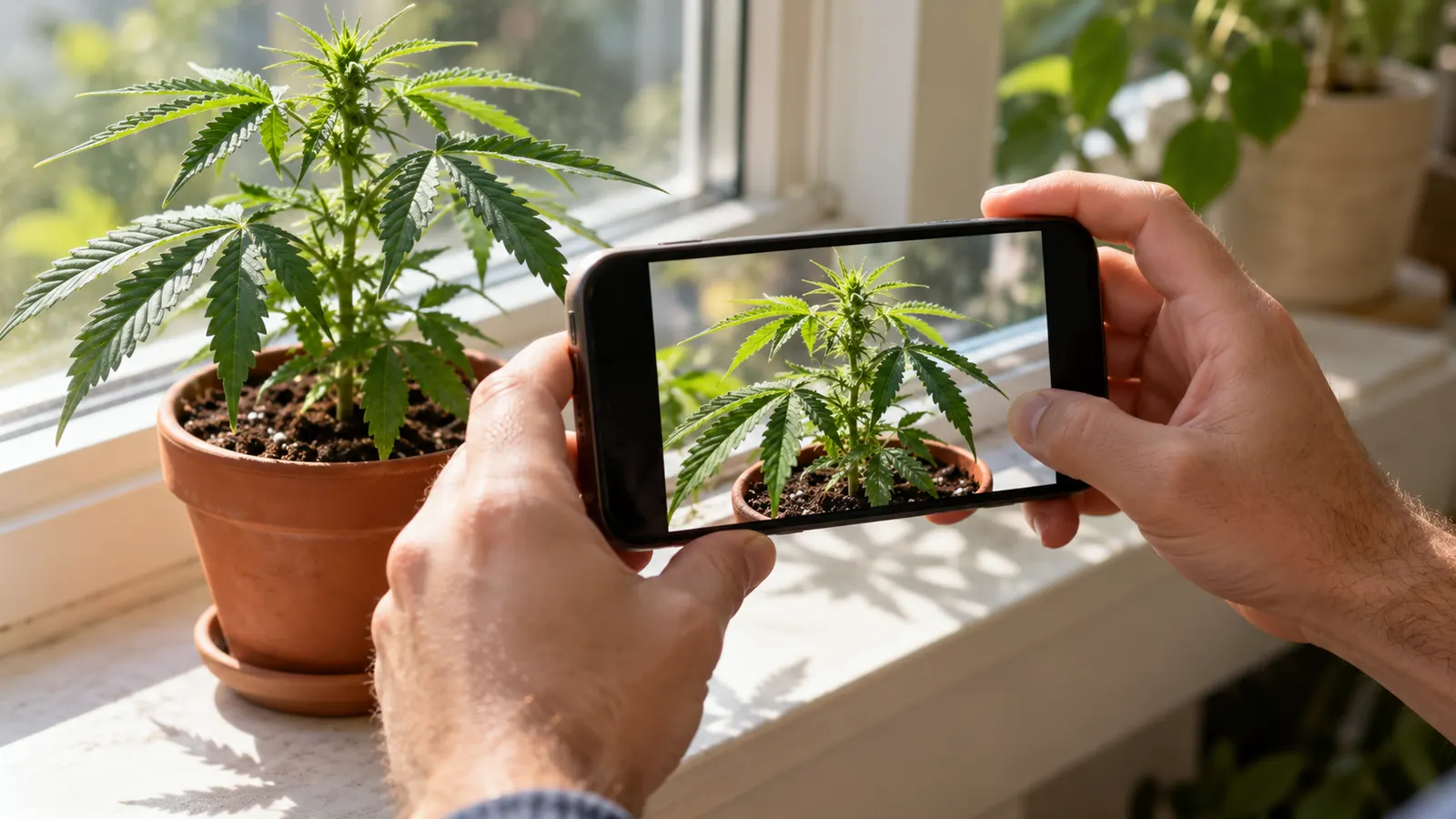 Voksne hænder bruger en smartphone til at fotografere en lille cannabisplante i en solrig vindueskarm.