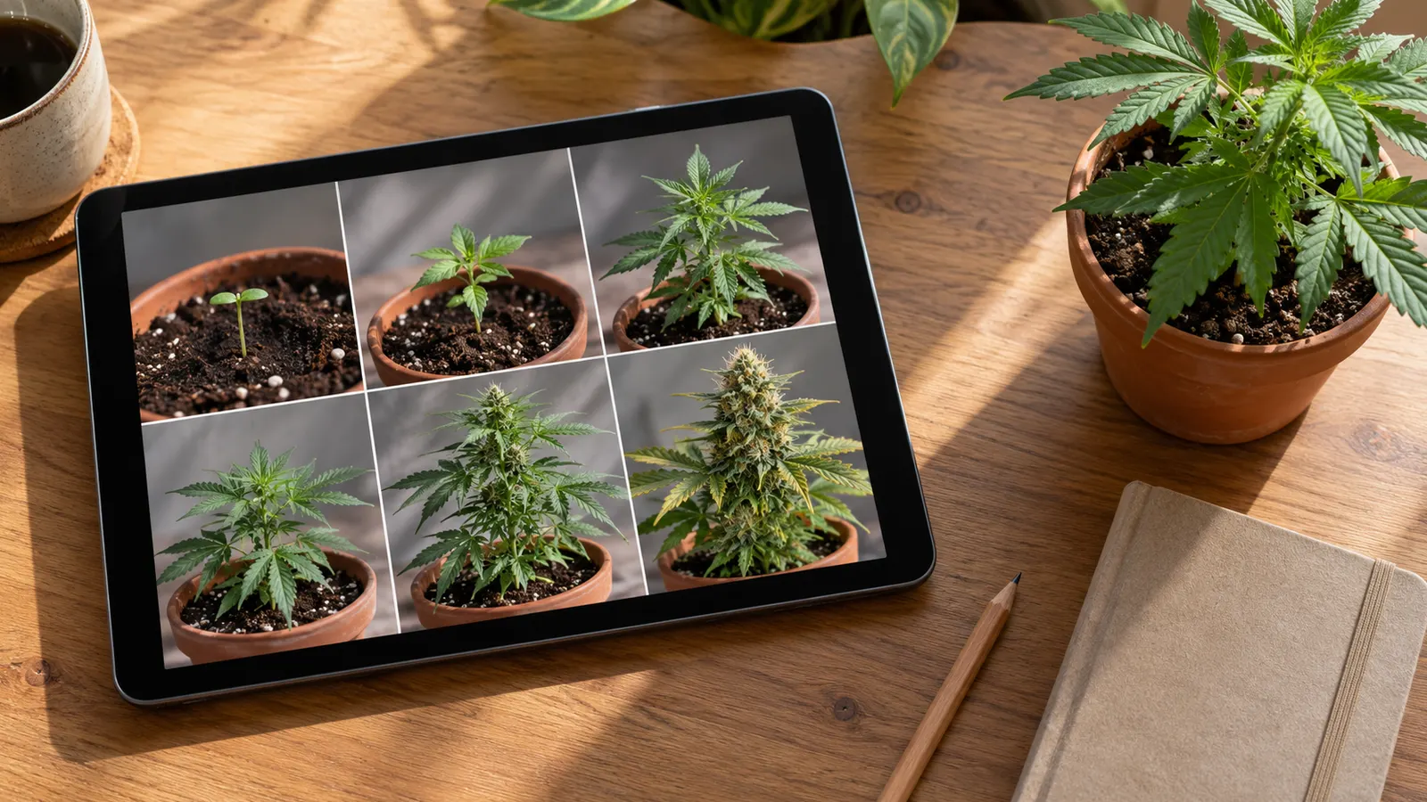 En tablet viser billeder af plantevækst ved siden af en potteplante med cannabis og en lukket notesbog.