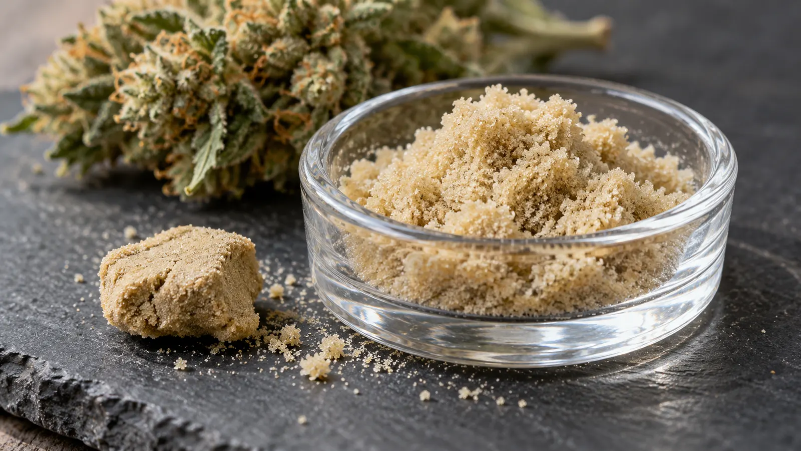 Koyu renkli bir yüzeyde duran açık bej bubble hash granülleri ve küçük bir preslenmiş parça.