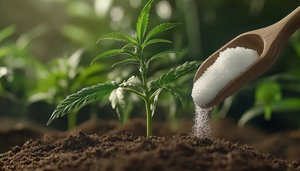 Le bicarbonate de soude sur les mauvaises herbes : des feuilles plus vertes et des récoltes plus importantes Des plants de marijuana sains avec du bicarbonate de soude saupoudré autour de la base, démontrant les avantages du bicarbonate de soude sur les mauvaises herbes pour l'absorption des nutriments et l'équilibre du pH.