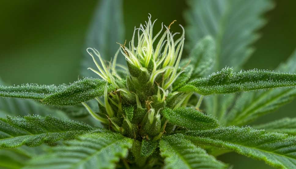 Variétés avec le plus de trichomes : découvrez les variétés de cannabis les plus glaciales Gros plan d'une plante de cannabis issue d'une des variétés les plus riches en trichomes, avec des glandes cristallines étincelantes.